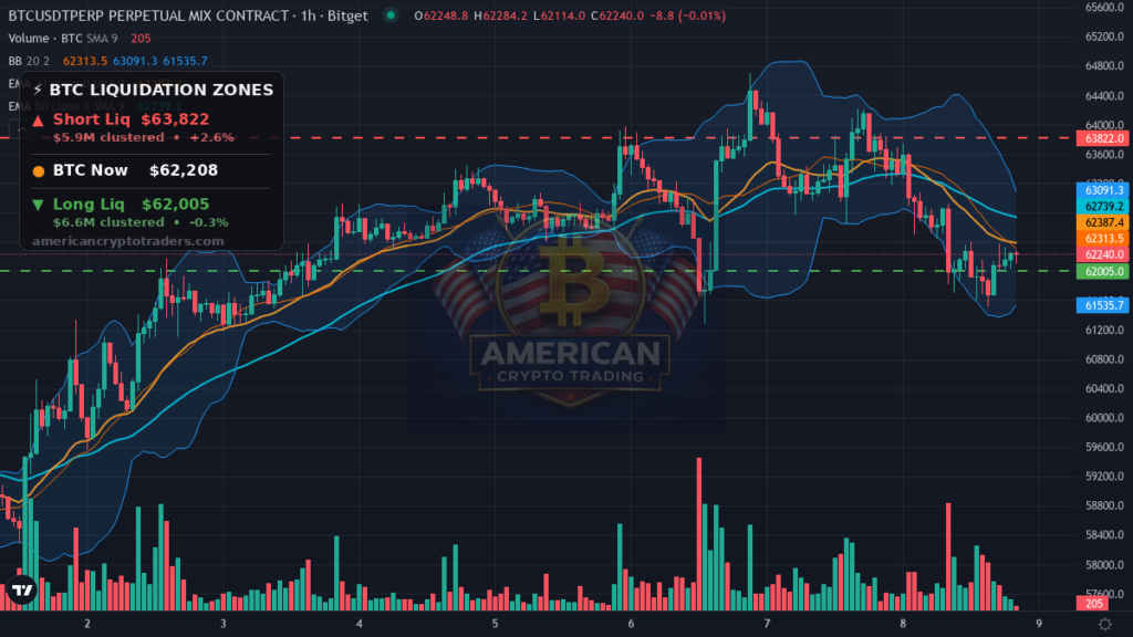 Bitcoin Market Recap — July 8, 2026: Iran Risk Sends BTC to $62K — BTC chart with liquidation levels (American Crypto Traders)