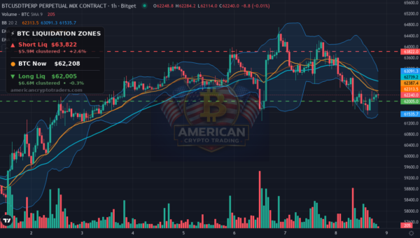 Bitcoin Market Recap — July 8, 2026: Iran Risk Sends BTC to $62K — BTC chart with liquidation levels (American Crypto Traders)