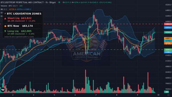 Bitcoin Market Recap — July 9, 2026: BTC Grinds Back to $63K — BTC chart with liquidation levels (American Crypto Traders)
