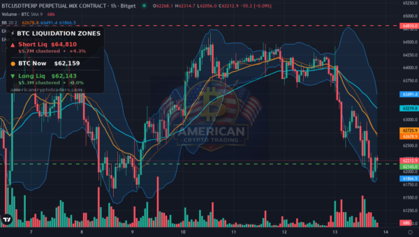Bitcoin Market Recap — July 13, 2026: Hormuz Shock Hits $62K — BTC chart with liquidation levels (American Crypto Traders)
