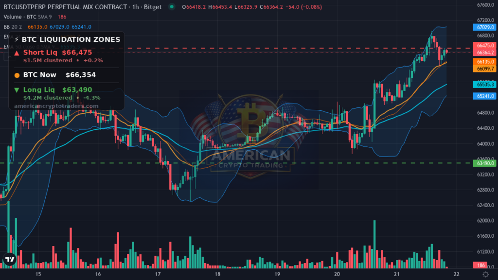 Bitcoin Market Recap — July 21, 2026: BTC Eyes Seven-Week Highs — BTC chart with liquidation levels (American Crypto Traders)