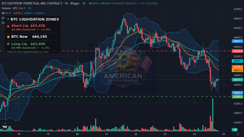 Bitcoin Market Recap — July 24, 2026: Yields Bite, BTC Slips to $64K — BTC chart with liquidation levels (American Crypto Traders)