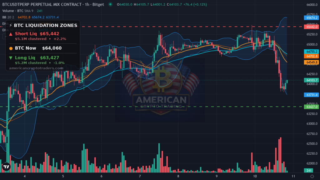 Bitcoin Market Recap — August 10, 2026: Oil Shock Wipes Weekend Gains — BTC chart with liquidation levels (American Crypto Traders)