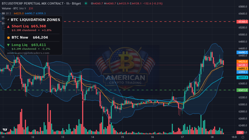 Bitcoin Market Recap — August 18, 2026: NY Open on Deck — BTC chart with liquidation levels (American Crypto Traders)
