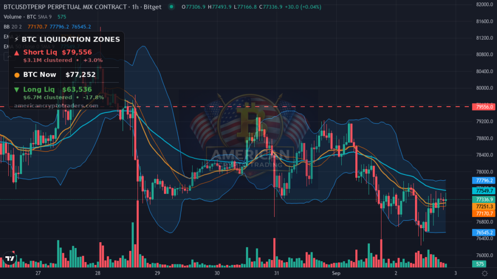 Bitcoin Market Recap — September 2, 2026: Flat Close Masks Altcoin Bleed — BTC chart with liquidation levels (American Crypto Traders)