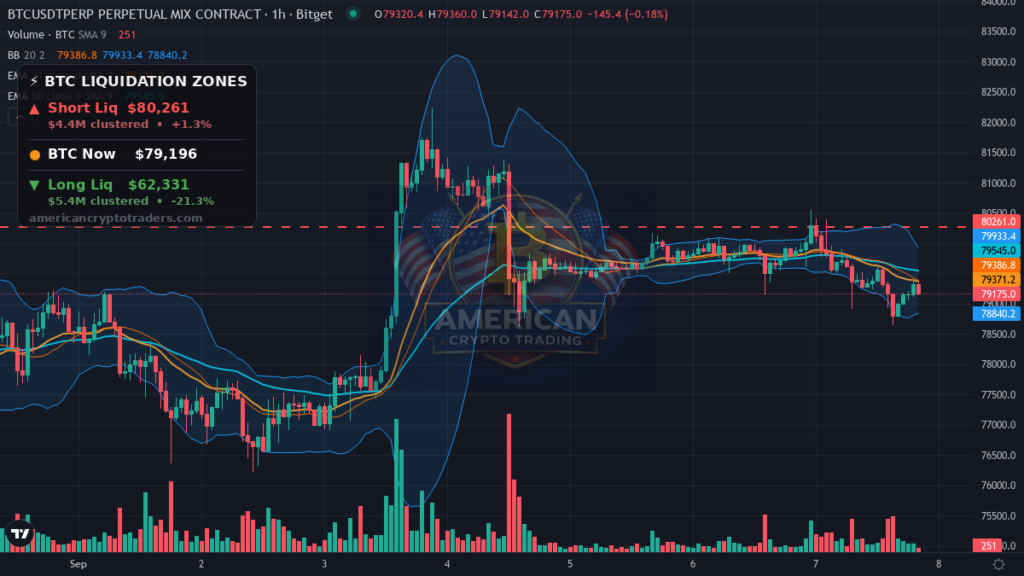 Bitcoin Market Recap — September 7, 2026: $80K Holds Out — BTC chart with liquidation levels (American Crypto Traders)