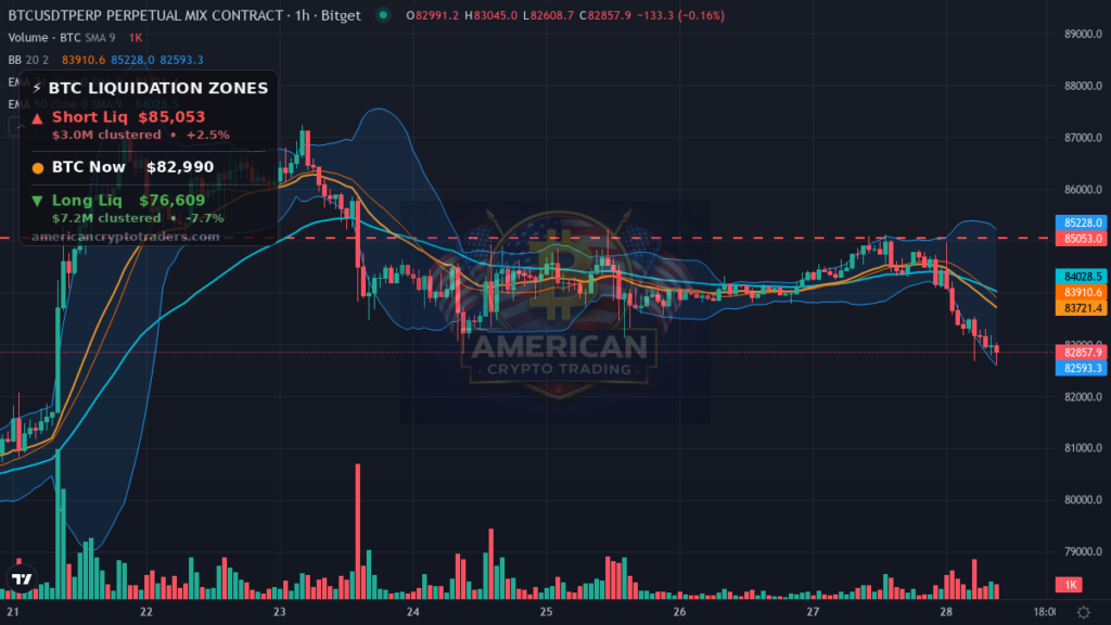 Bitcoin Market Recap — September 28, 2026: Bulls on Defense at $82K — BTC chart with liquidation levels (American Crypto Traders)