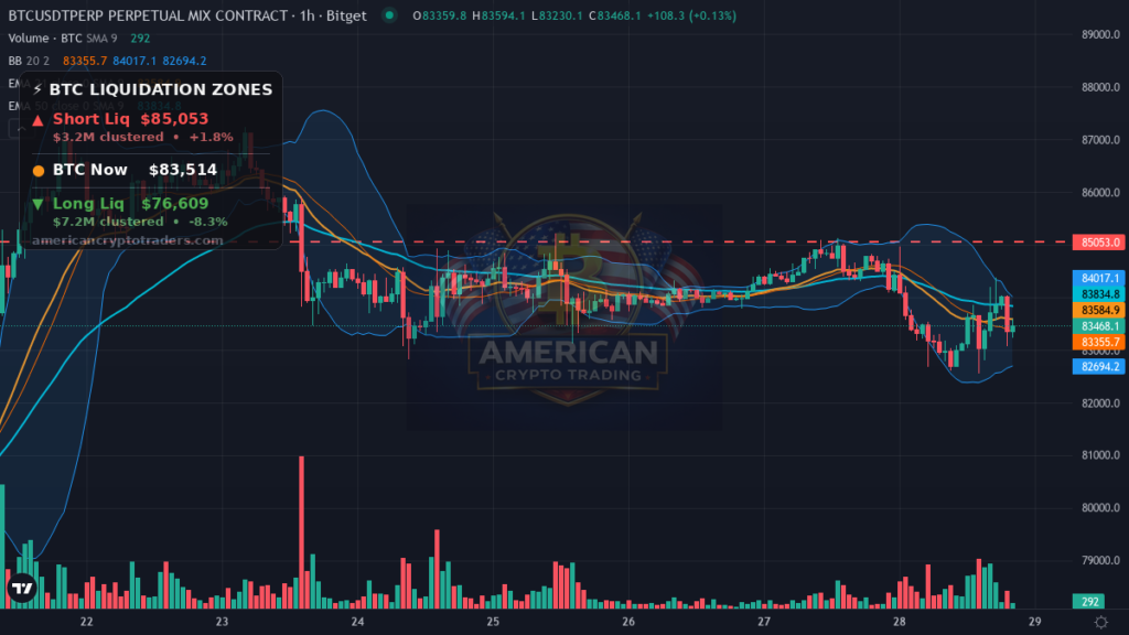 Bitcoin Market Recap — September 28, 2026: Yields Bite at $83K — BTC chart with liquidation levels (American Crypto Traders)